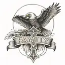 An eagle perched on a cross, with a banner that says 'Family' wrapped around the cross tattoo design idea