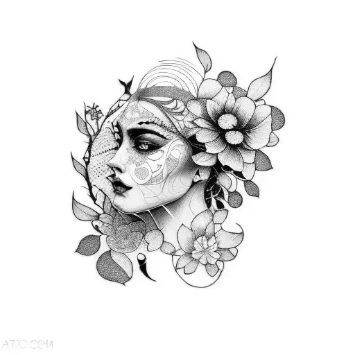 A dotwork tattoo of a woman's face with intricate floral patterns, embodying the client's passion for both feminine beauty and nature tattoo design idea