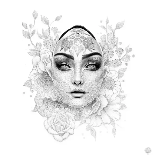 A dotwork tattoo of a woman's face with intricate floral patterns, embodying the client's passion for both feminine beauty and nature tattoo design idea