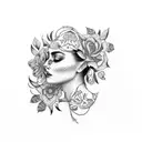 A dotwork tattoo of a woman's face with intricate floral patterns, embodying the client's passion for both feminine beauty and nature tattoo design idea