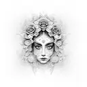 A dotwork tattoo of a woman's face with intricate floral patterns, embodying the client's passion for both feminine beauty and nature tattoo design idea