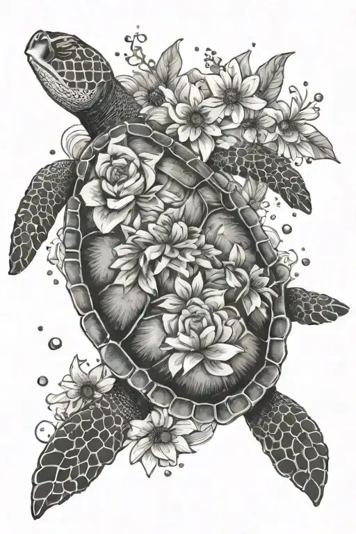 sea turtle surrounded by flowers around it with air bubbles  tattoo design idea
