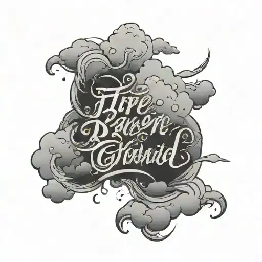 script font surrounded by clouds fire rain tattoo design idea