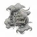 script font surrounded by clouds fire rain tattoo design idea