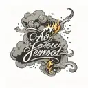 script font surrounded by clouds fire rain tattoo design idea