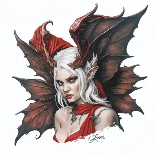 elf succubus with wings in a red dress, white hair, blindfold, looking straight ahead tattoo design idea