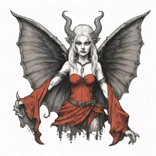 elf succubus with wings in a red dress, white hair, blindfold, looking straight ahead, waist-length tattoo design idea