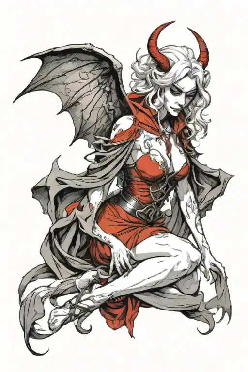 succubus with wings in a red dress, white hair, blindfold tattoo design idea