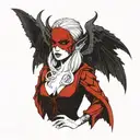succubus with wings in a red dress, white hair, blindfold, straight look tattoo design idea