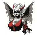 succubus with wings in a red dress, white hair, blindfold, straight look tattoo design idea