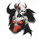 succubus with wings in a red dress, white hair, blindfold, straight look tattoo design idea