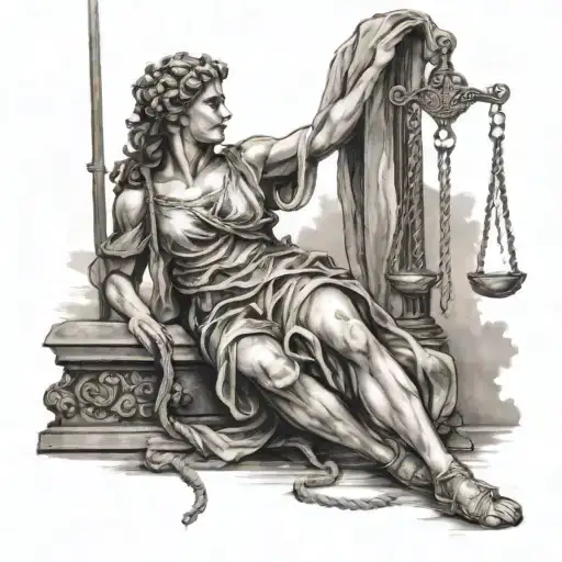 weathered lady justice being pulled down by ropes tattoo design idea