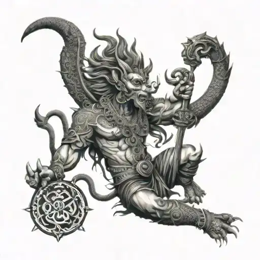 based on Hindu  mythology and should containing god winning over devil  tattoo design idea