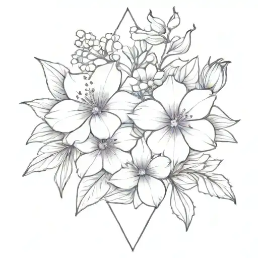 larkspur cosmos violet bouquet inside triangle tattoo design idea
