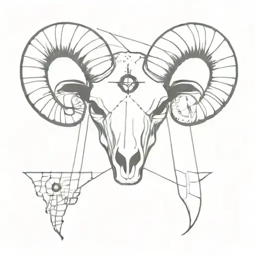 A minimalist design of a ram's skull with a compass and map elements, symbolizing your adventurous spirit and military background tattoo design idea