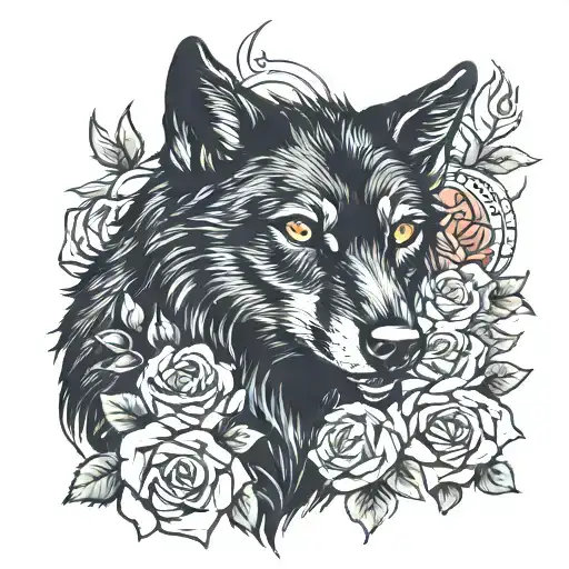 Black wolf with brown eyes, with The Sacred Heart on it's chest. Surrounded by roses. tattoo design idea