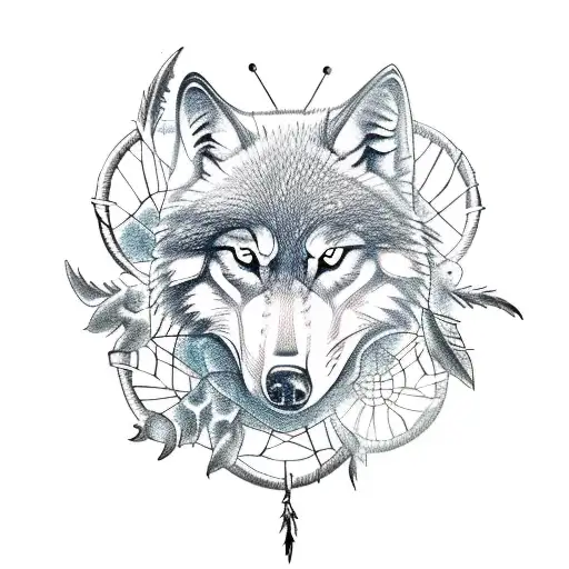 A sketch-style tattoo featuring a wolf and skull in a dreamcatcher tattoo design idea