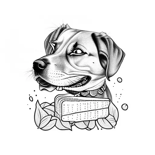 A sleeping dog with a chocolate bar in its mouth tattoo design idea
