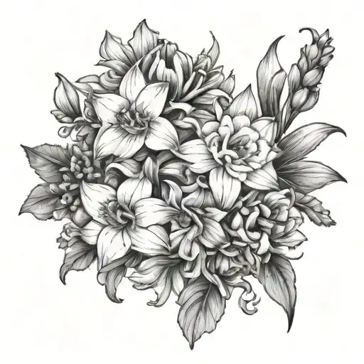 larkspur aster marigold narcissus carnation gladiolus  tattoo design idea