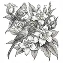 larkspur aster marigold narcissus carnation gladiolus flowers with a cardinal bird tattoo design idea