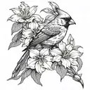 larkspur aster marigold narcissus carnation gladiolus flowers with a cardinal bird tattoo design idea