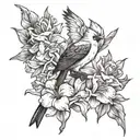 larkspur aster marigold narcissus carnation gladiolus flowers with a cardinal bird tattoo design idea