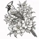 larkspur aster marigold narcissus carnation gladiolus flowers with a cardinal bird tattoo design idea