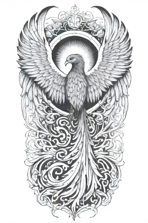 Incorporate a phoenix rising from the ashes into a tattoo symbolizing healing and renewal, with a guardian angel watching over tattoo design idea