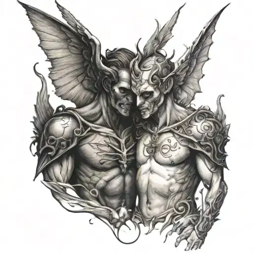 A devil and angel embracing, illustrating the complex nature of the doctor's role in saving lives tattoo design idea