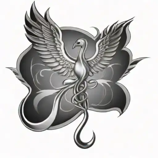 An abstract design of a doctor's stethoscope transforming into a phoenix, symbolizing the healing power of medicine tattoo design idea