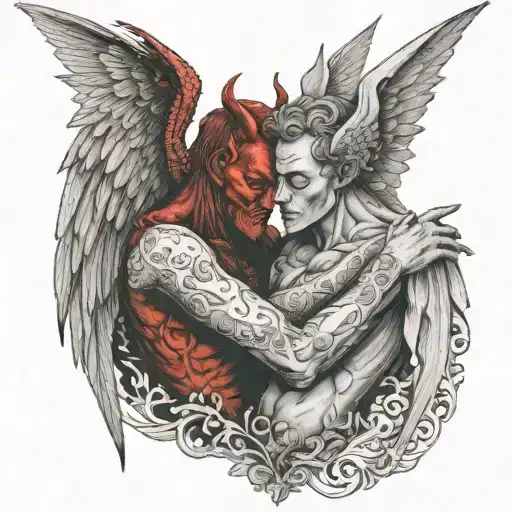 A devil and angel embracing, illustrating the complex nature of the doctor's role in saving lives tattoo design idea