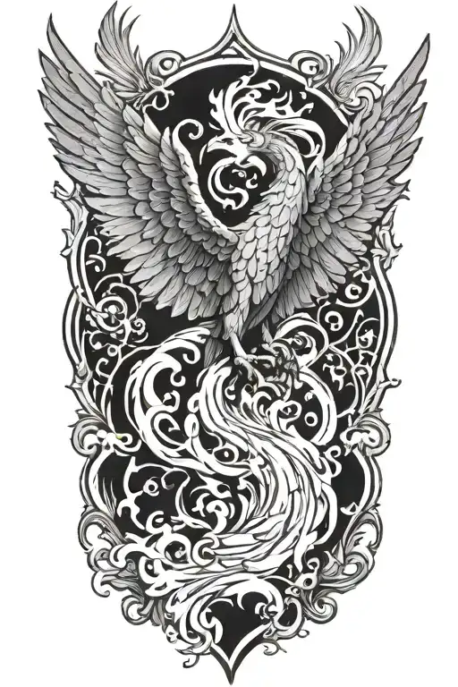 Incorporate a phoenix rising from the ashes into a tattoo symbolizing healing and renewal, with a guardian angel watching over tattoo design idea