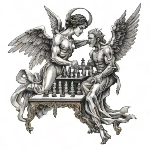 An angel and devil playing chess, representing the constant battle between good and evil in the medical field tattoo design idea