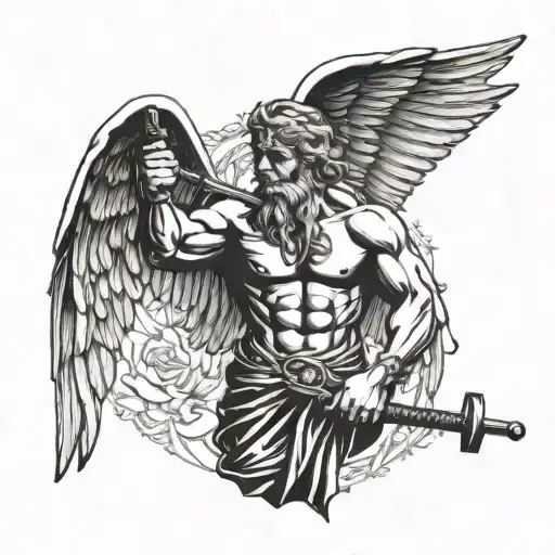 A weightlifting angel warrior holding a rod of Asclepius as a weapon tattoo design idea