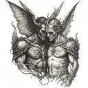 A devil and angel embracing, illustrating the complex nature of the doctor's role in saving lives tattoo design idea