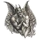 A devil and angel embracing, illustrating the complex nature of the doctor's role in saving lives tattoo design idea