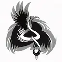 An abstract design of a doctor's stethoscope transforming into a phoenix, symbolizing the healing power of medicine tattoo design idea