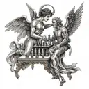 An angel and devil playing chess, representing the constant battle between good and evil in the medical field tattoo design idea