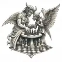 An angel and devil playing chess, representing the constant battle between good and evil in the medical field tattoo design idea