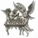 An angel and devil playing chess, representing the constant battle between good and evil in the medical field tattoo design idea