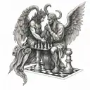 An angel and devil playing chess, representing the constant battle between good and evil in the medical field tattoo design idea