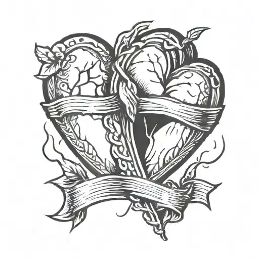 two grave stones inside of a broken heart. The broken heart is outlinned by a red normal heart tattoo design idea