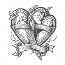 two grave stones inside of a broken heart. The broken heart is outlinned by a red normal heart tattoo design idea