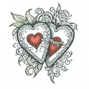 two grave stones inside of a broken heart. The broken heart is outlinned by a red normal heart tattoo design idea