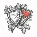 two grave stones inside of a broken heart. The broken heart is outlinned by a red normal heart tattoo design idea