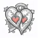 two grave stones inside of a broken heart. The broken heart is outlinned by a red normal heart tattoo design idea