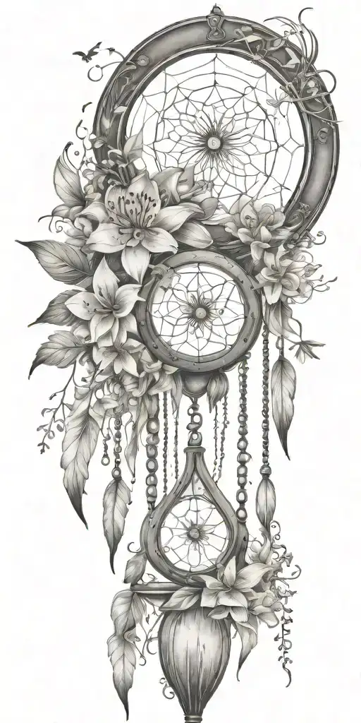 An hourglass moon dream catcher filled with lilies and butterflies Queen Anne's lace  nature tears broken depressed tattoo design idea