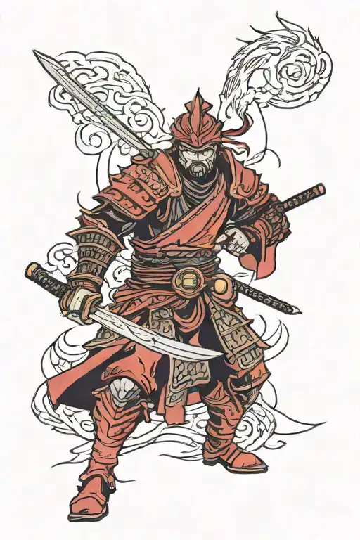 ronin in red armor, a katana in his right hand, and a tanto in his left tattoo design idea