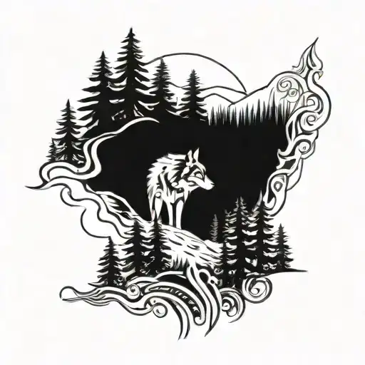 Wolf 2 pines in the forest and mountain landscape tattoo design idea