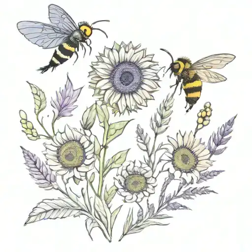 feather quill, sunflower, lavender and bee flying towards tattoo design idea